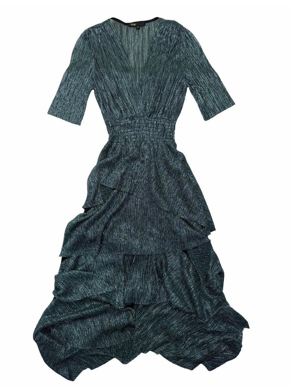 Maje Ruffine Lurex Ruffled V-Neck Midi Dress Metallic Green Size FR 36 | US S